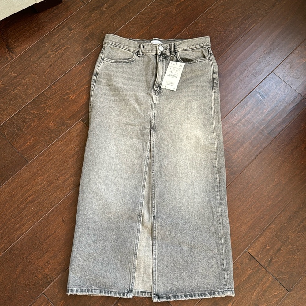 Zara brand new with tags grey long denim skirt with high front slit